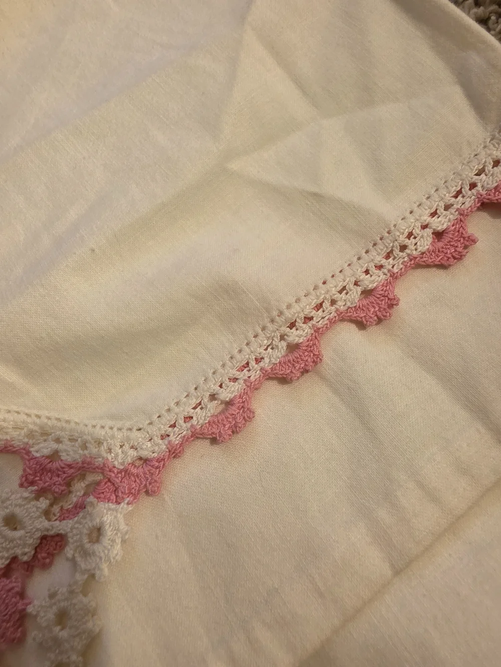 Handcrafted White Pillowcases with Pink Crochet Accents